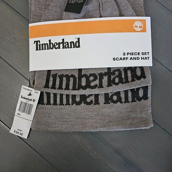 Timberland Men's Gray Logo Jacquard Reversible Scarf And Beanie -2 Piece… - Picture 7 of 9